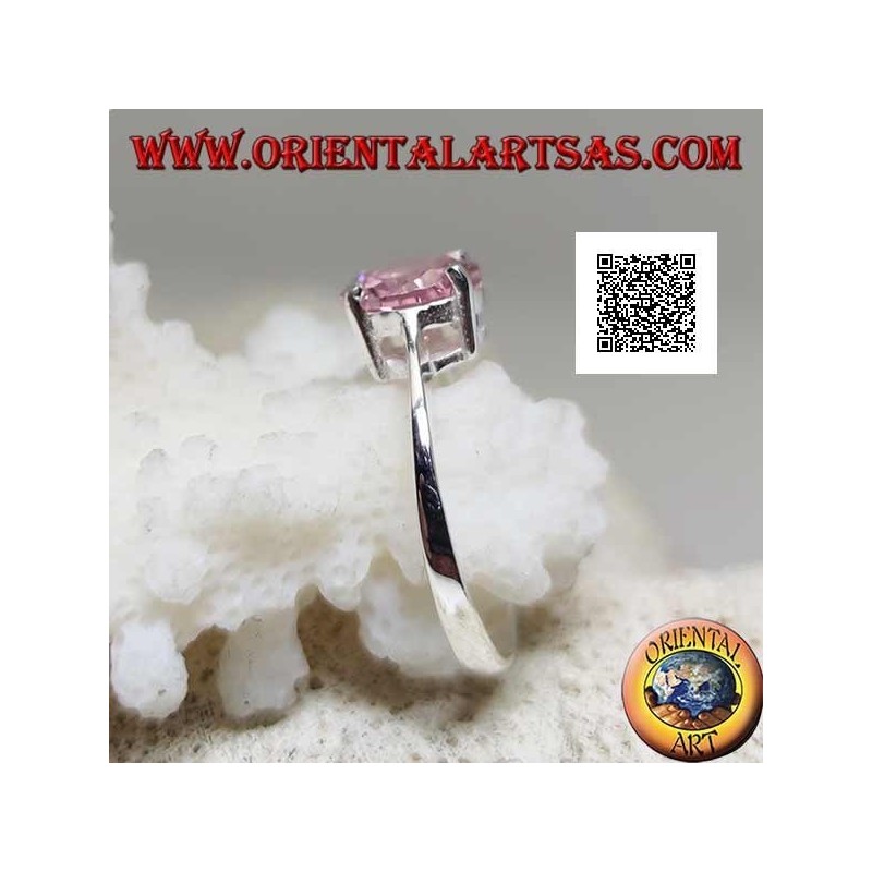 Bague en argent solitaire plaqué rhodium avec zircon rond rose facetté