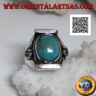 Anillo de plata con turquesa tibetana antigua ovalada en engaste nepalí con pequeño coral en los lados (22)
