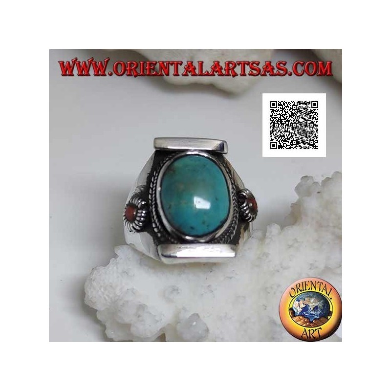 Bague en argent avec turquoise tibétaine antique ovale dans un sertissage népalais avec petit corail sur les côtés (22)
