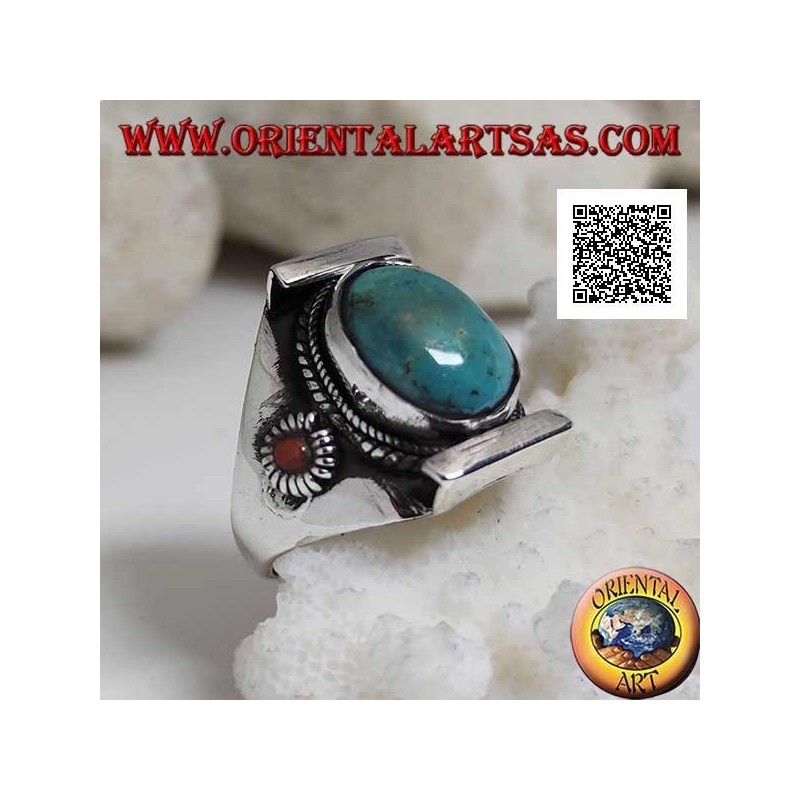 Silver ring with oval antique Tibetan turquoise in Nepalese setting with small coral on the sides (22)