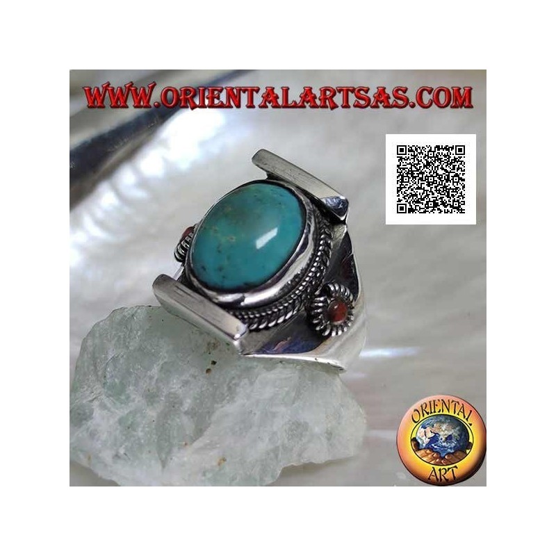 Bague en argent avec turquoise tibétaine antique ovale dans un sertissage népalais avec petit corail sur les côtés (22)