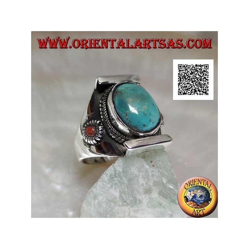 Anello in argento con turchese tibetano antico ovale  su montatura nepalese con corallo piccolo sui lati (22)