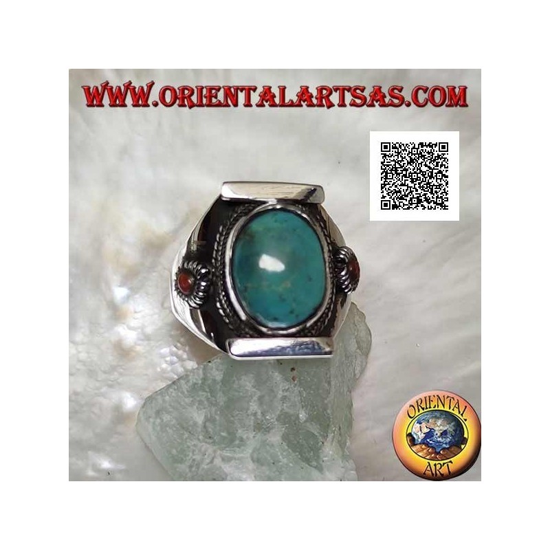 Anello in argento con turchese tibetano antico ovale  su montatura nepalese con corallo piccolo sui lati (22)