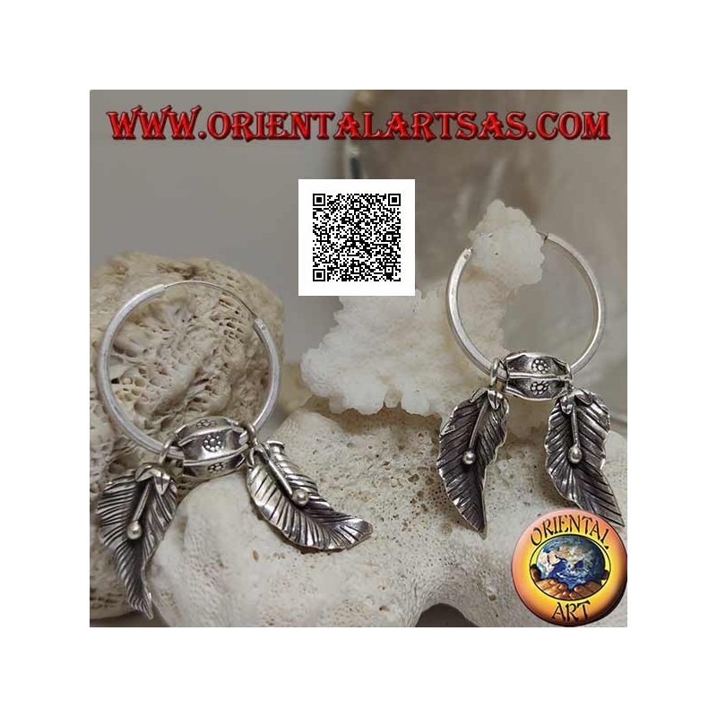 Silver hoop earrings (Karen) with hanging leaves with oriental fruit (alchechengi)