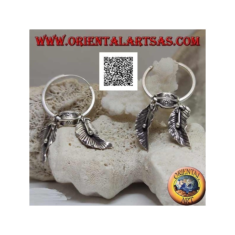 Silver hoop earrings (Karen) with hanging leaves with oriental fruit (alchechengi)