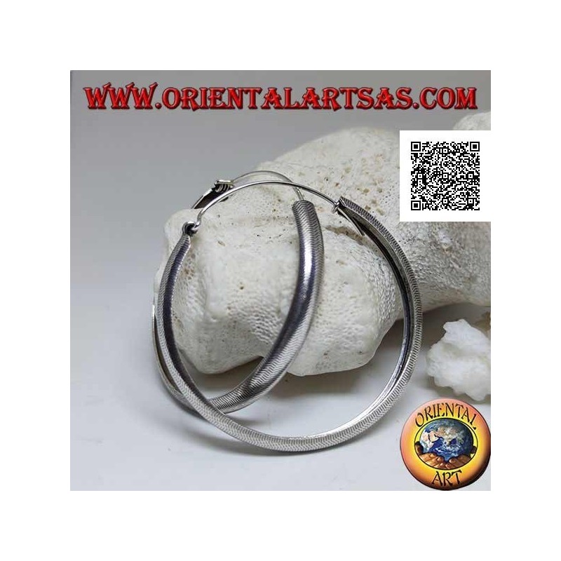 Silver earrings with large convex circle with 50 mm engraved broken lines