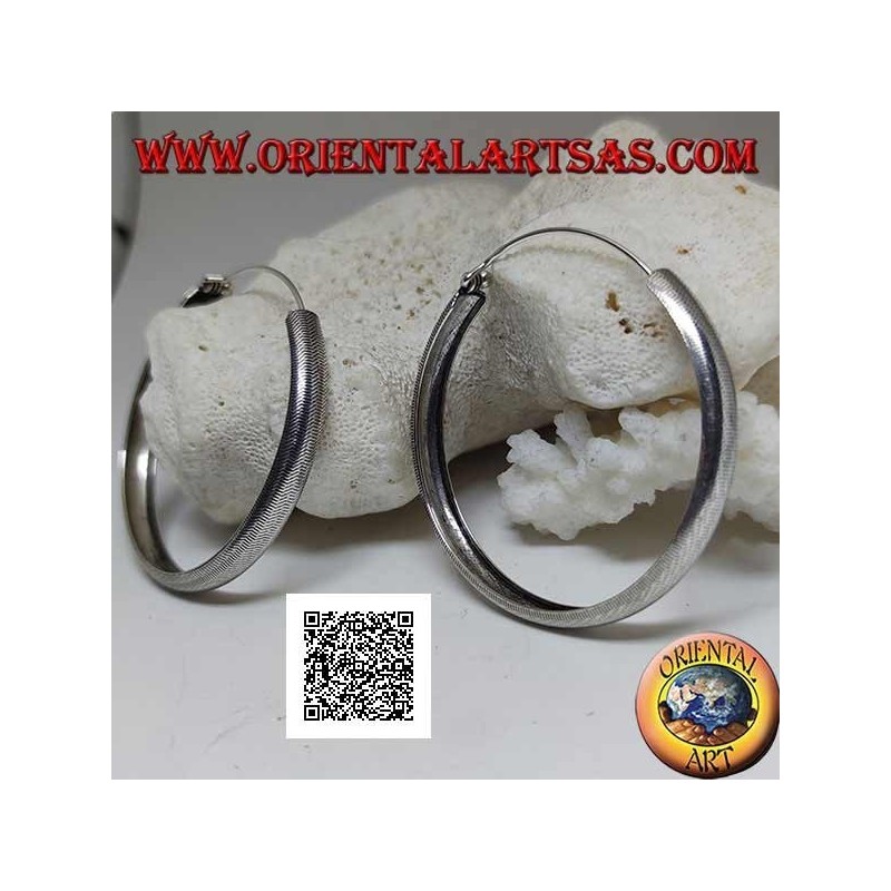 Silver earrings with large convex circle with 50 mm engraved broken lines