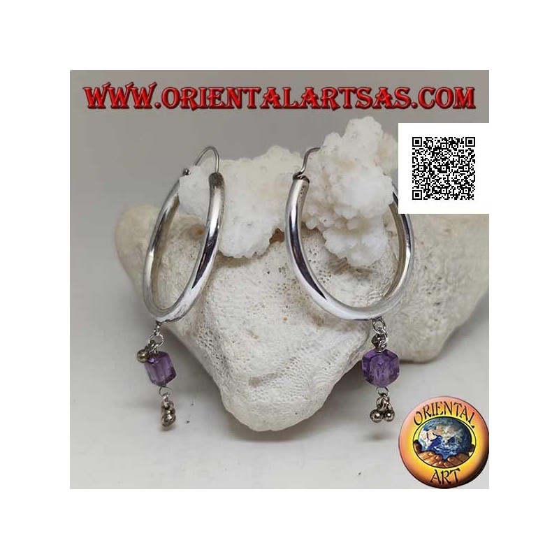 Pendientes de plata de círculo liso grueso con colgante de cubo de amatista y bolas