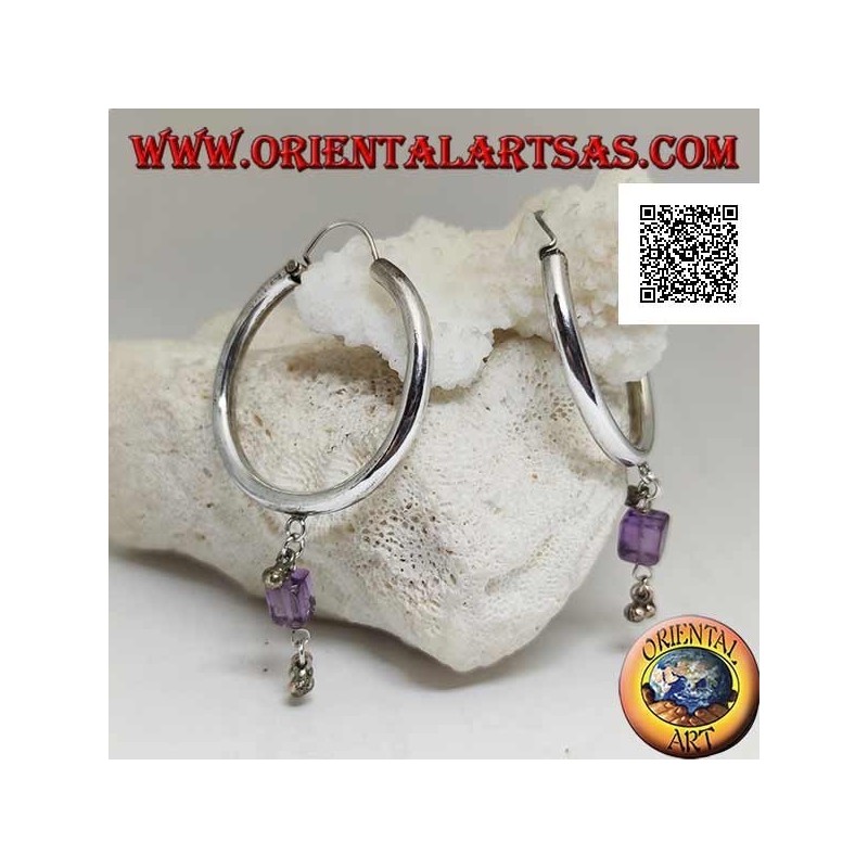 Thick smooth circle silver earrings with an amethyst cube pendant and balls