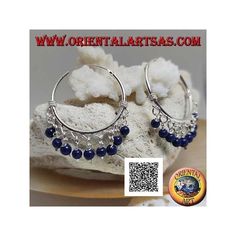 Créoles en argent avec entrelacement et pendentif boules lapis lazuli 30 mm
