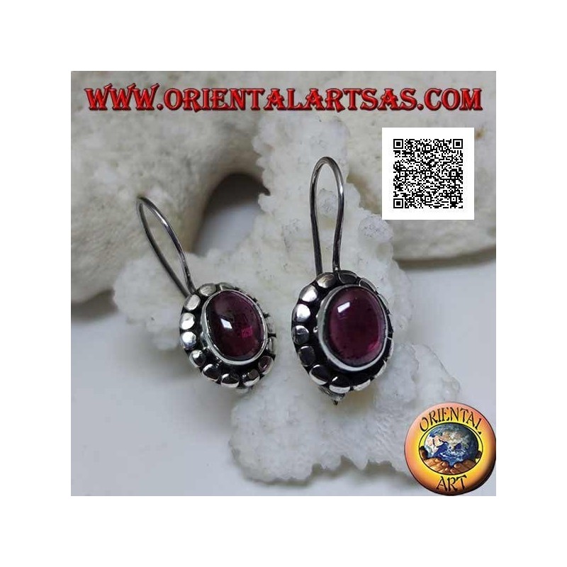 Silver earrings with oval cabochon natural garnet surrounded by disks with silver studs