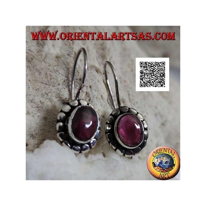 Silver earrings with oval cabochon natural garnet surrounded by disks with silver studs
