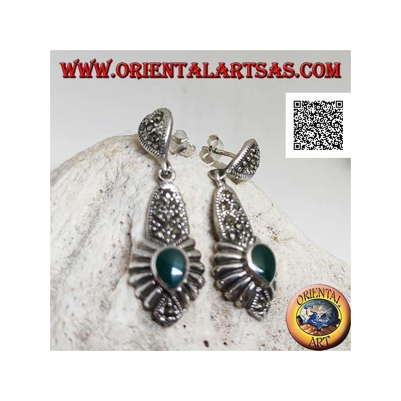 Silver earrings with a plate studded with marcasite pendant and an inverted drop of green agate