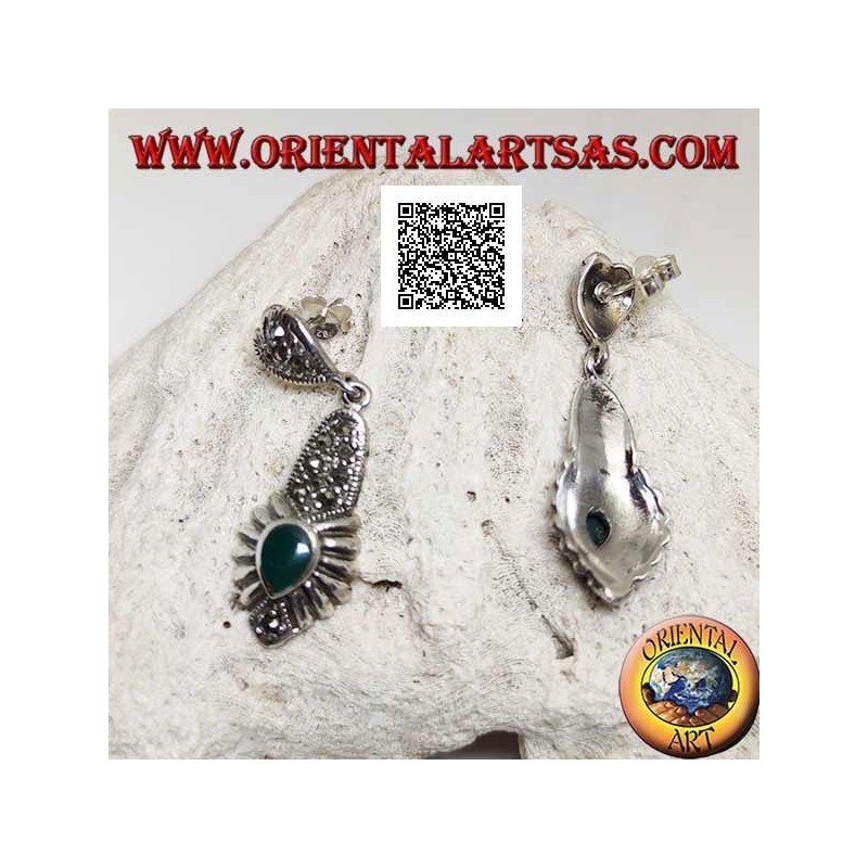 Silver earrings with a plate studded with marcasite pendant and an inverted drop of green agate