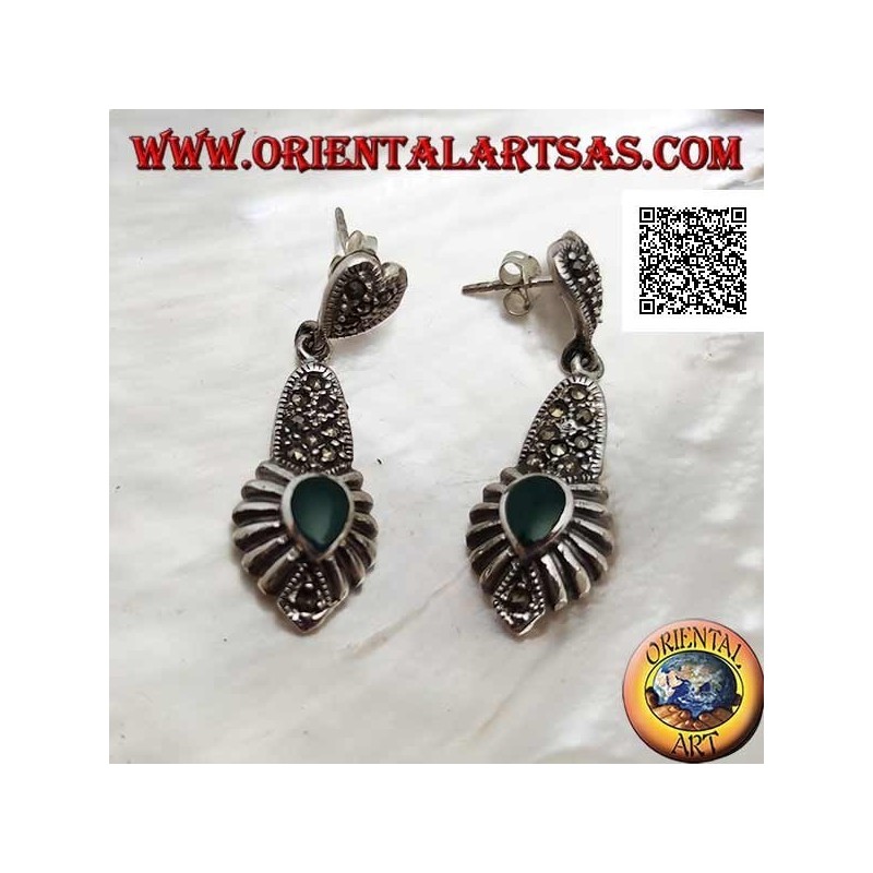 Silver earrings with a plate studded with marcasite pendant and an inverted drop of green agate