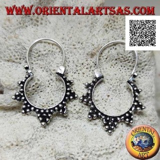 Silver earrings, circles with trio of balls decoration and 14 mm bow closure