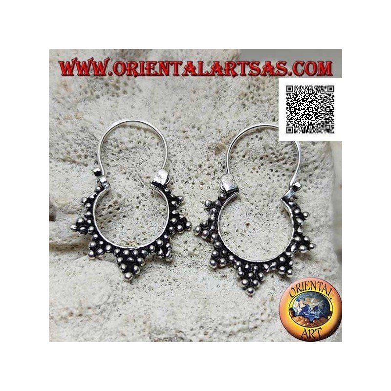 Silver earrings, circles with trio of balls decoration and 14 mm bow closure