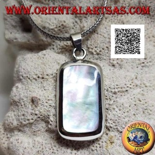 Silver pendant with round rectangular mother-of-pearl set flush with the edge on a smooth frame