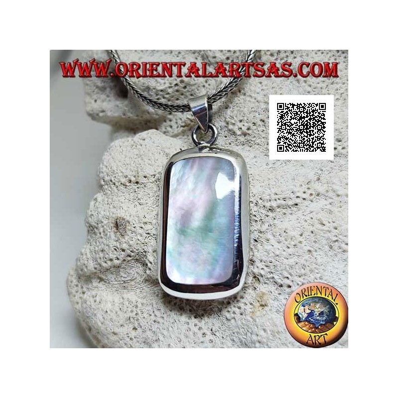 Silver pendant with round rectangular mother-of-pearl set flush with the edge on a smooth frame