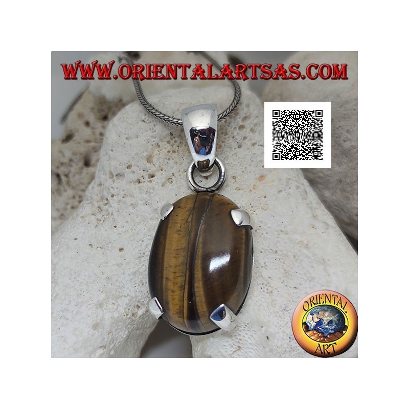 Ciondolo in argento con occhio di tigre ovale grande a cabochon incastonato da montatura semplice