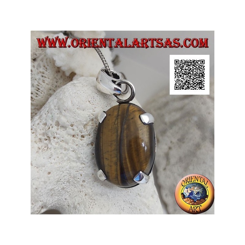 Pendentif en argent avec grand oeil de tigre cabochon ovale serti dans un cadre simple