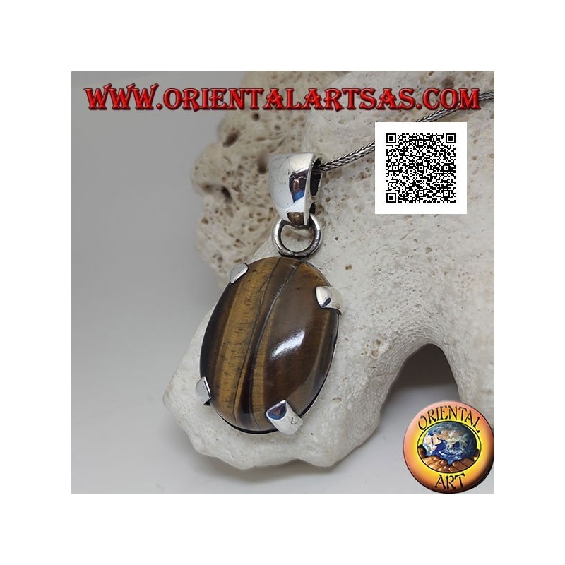 Pendentif en argent avec grand oeil de tigre cabochon ovale serti dans un cadre simple