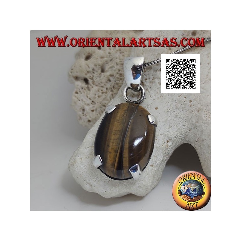 Pendentif en argent avec grand oeil de tigre cabochon ovale serti dans un cadre simple