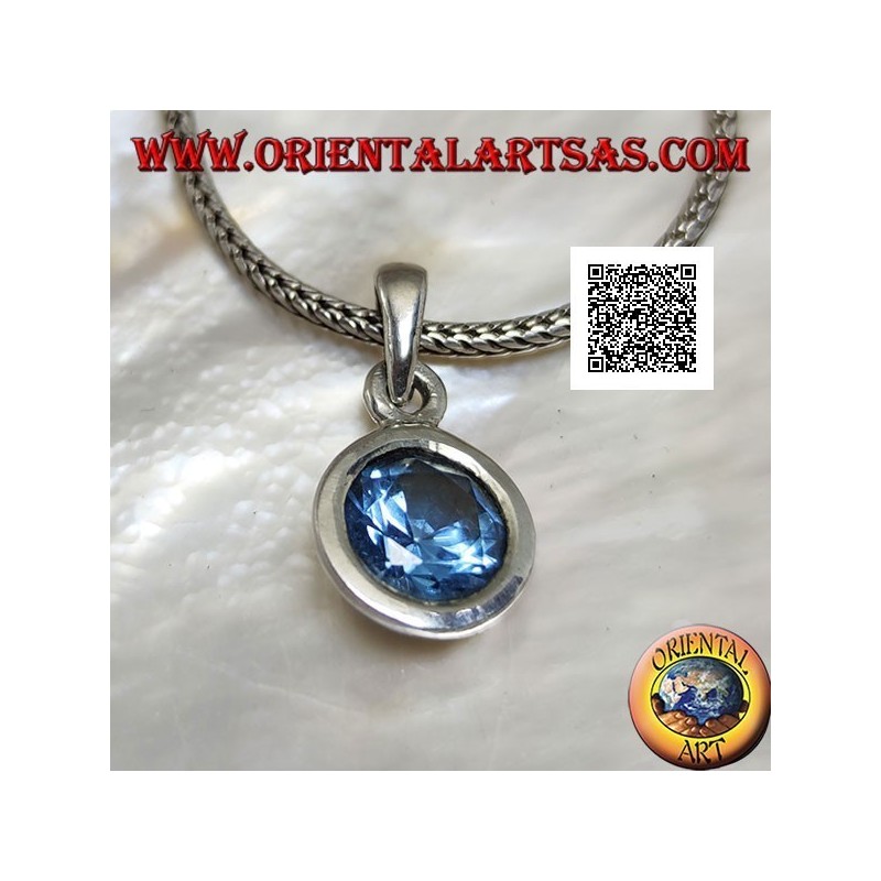 Silver pendant with round diamond-cut blue topaz set flush on a smooth setting