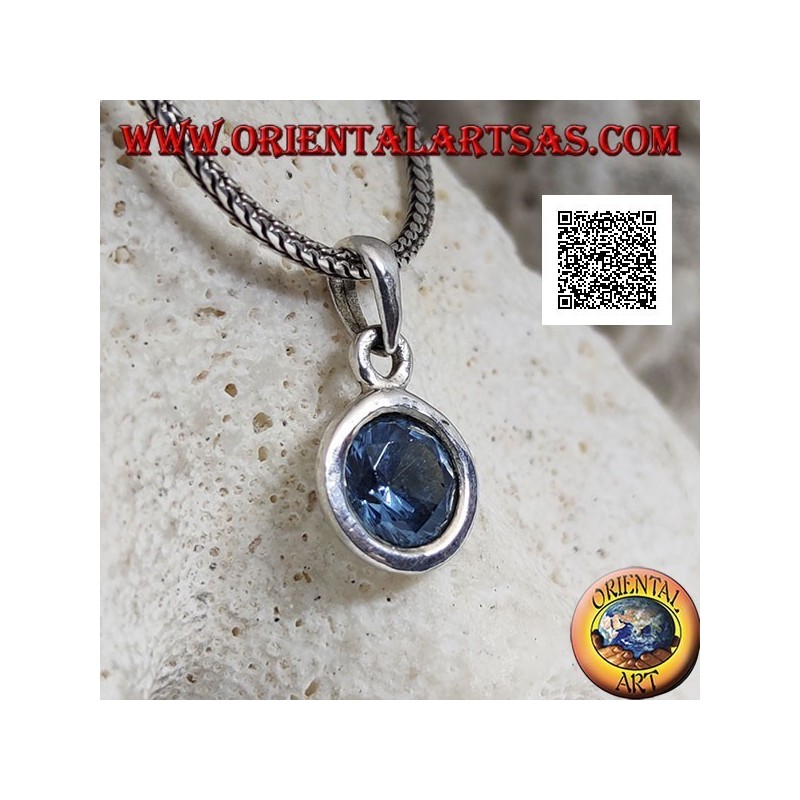 Silver pendant with round diamond-cut blue topaz set flush on a smooth setting