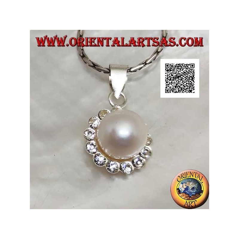 Silver flower pendant with central white pearl surrounded by small white zircons