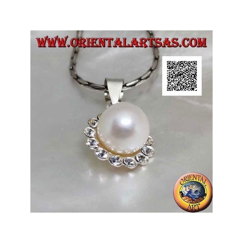 Silver flower pendant with central white pearl surrounded by small white zircons