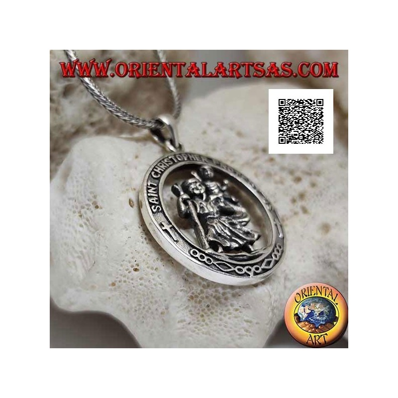 Pendentif en argent, Saint Christophe dans le cercle avec inscription sacrée en latin en relief