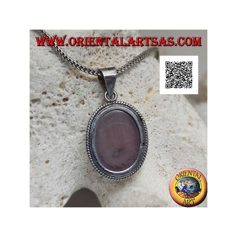 Colgante de plata con rodonita (Tanzania) ovalado rodeado de tejido