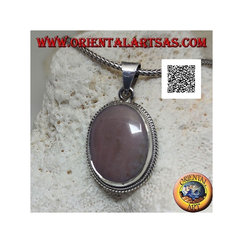 Pendentif en argent avec rhodonite (Tanzanie) ovale entouré de tissage