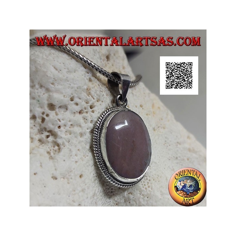 Silver pendant with rhodonite (Tanzania) oval surrounded by weaving