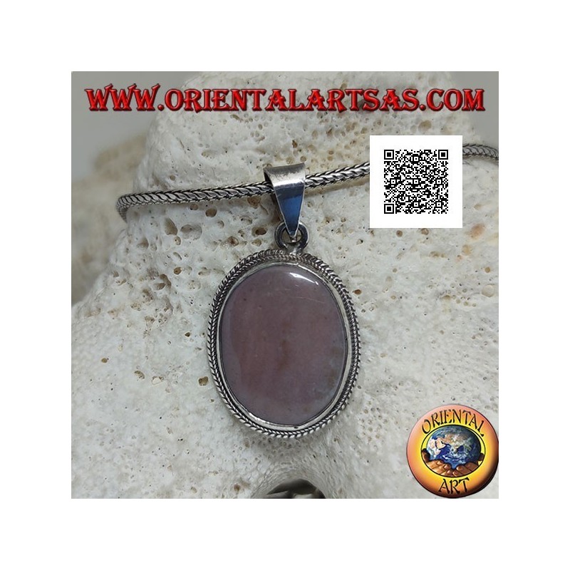 Silver pendant with rhodonite (Tanzania) oval surrounded by weaving