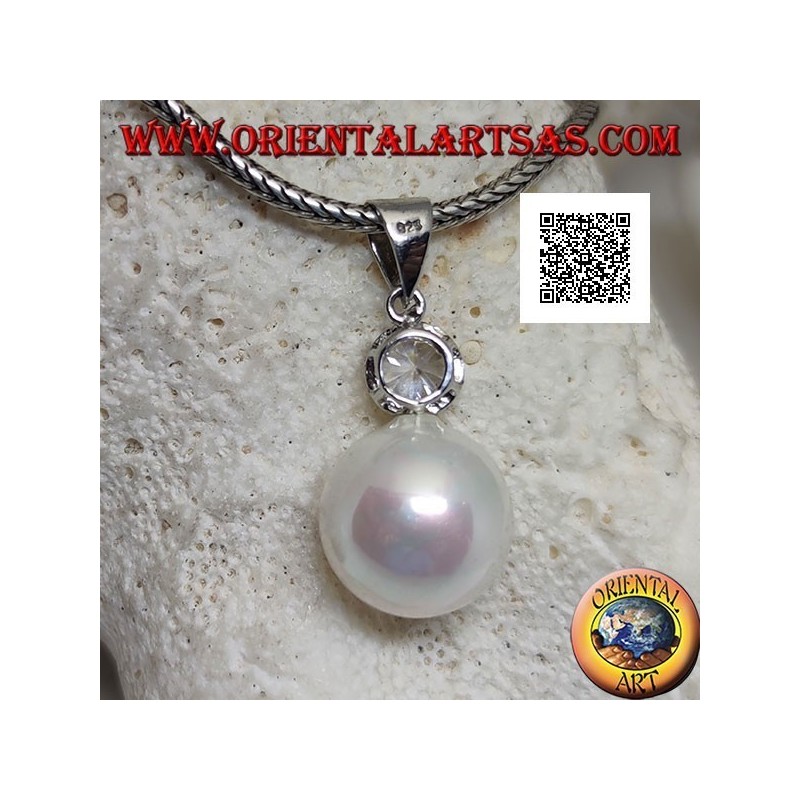 Colgante de plata con perla blanca con circonita facetada redonda arriba