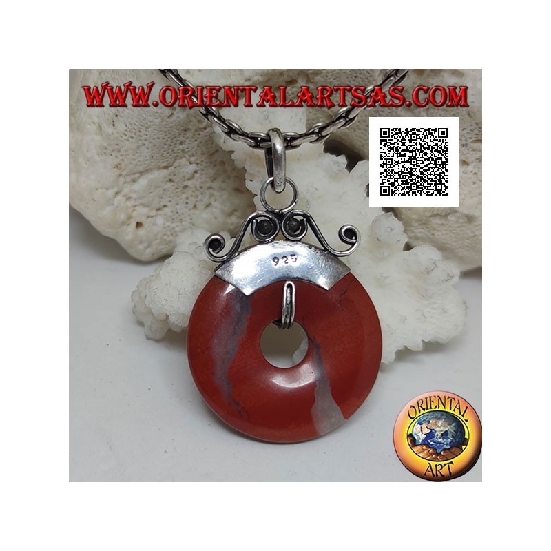 28mm donut shaped red jasper pendant. with hook decorated in silver bas-relief
