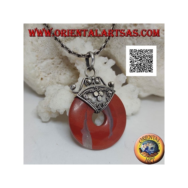 28mm donut shaped red jasper pendant. with hook decorated in silver bas-relief
