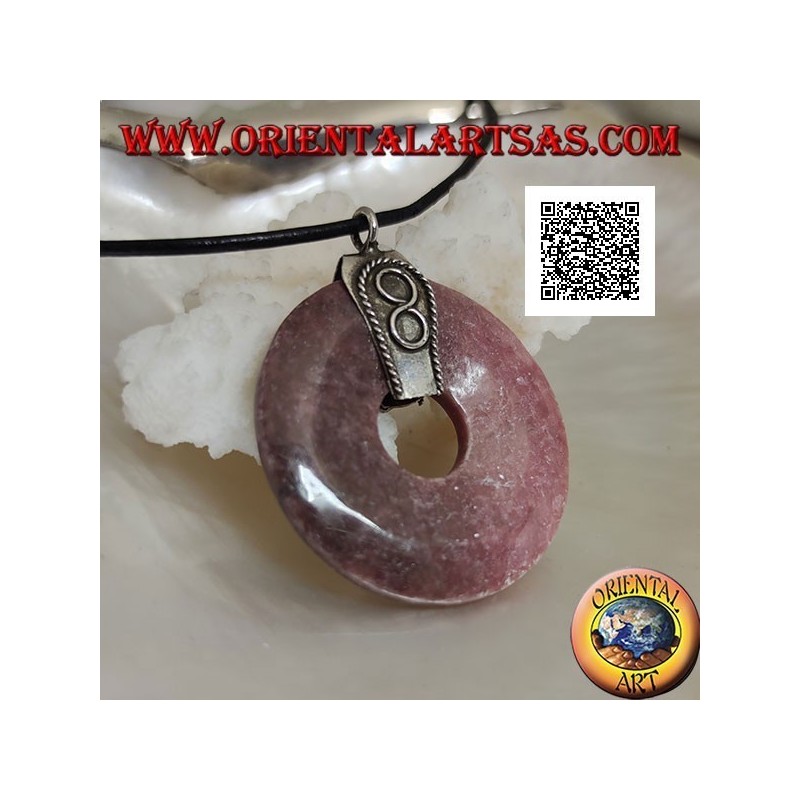 Ciondolo in rodonite della tanzania a forma di ciambella da 35 mm. con gancio in argento e infinito in rilievo