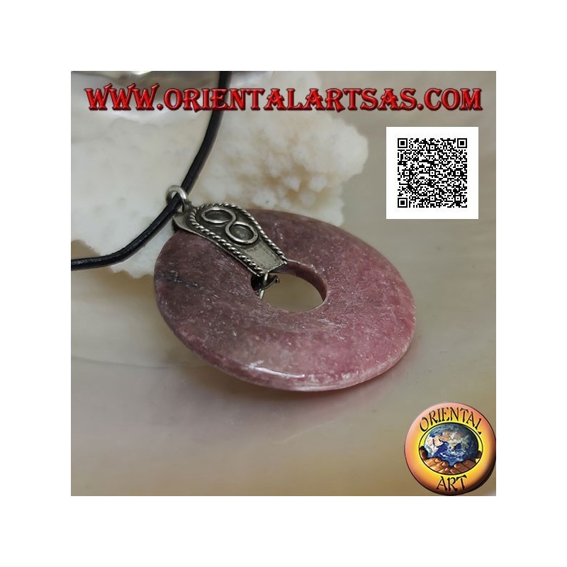 Ciondolo in rodonite della tanzania a forma di ciambella da 35 mm. con gancio in argento e infinito in rilievo