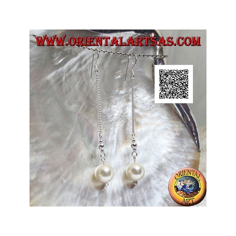 Boucles d'oreilles pendantes en argent en chaîne de 3 cm avec deux boules en argent et perle blanche aux extrémités