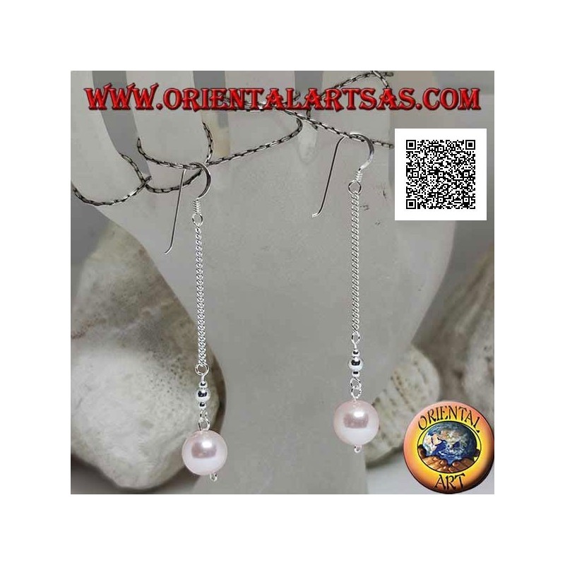 Silberne 3 cm Kette baumeln Ohrringe mit zwei silbernen Kugeln und rosa Perle an den Enden