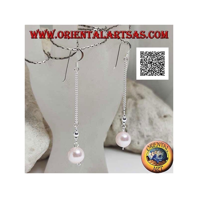 Silberne 3 cm Kette baumeln Ohrringe mit zwei silbernen Kugeln und rosa Perle an den Enden