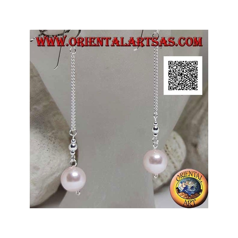 Orecchini in argento pendenti a catenina da 3 cm con due palline d'argento e perla rosa finali