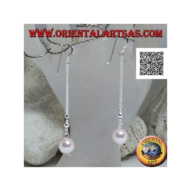 Boucles d'oreilles pendantes en argent en chaîne de 3 cm avec deux boules en argent et perle rose aux extrémités