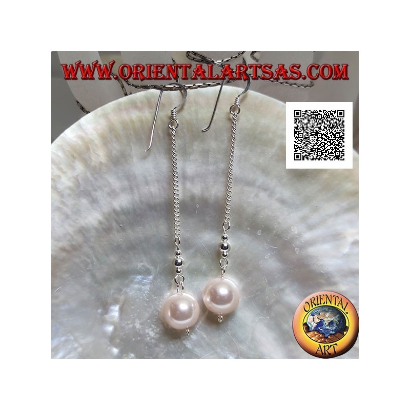 Silberne 3 cm Kette baumeln Ohrringe mit zwei silbernen Kugeln und rosa Perle an den Enden