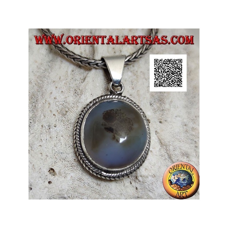 Ciondolo in argento con quarzo tormalinato ovale cabochon contornato da intreccio