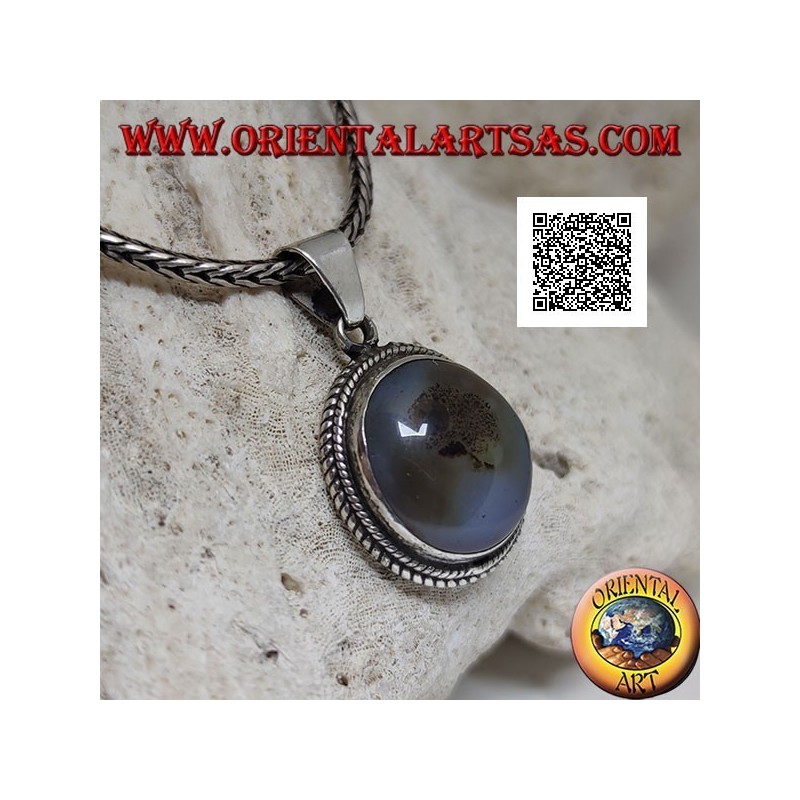 Pendentif en argent avec cabochon ovale quartz tourmaliné entouré de tissage