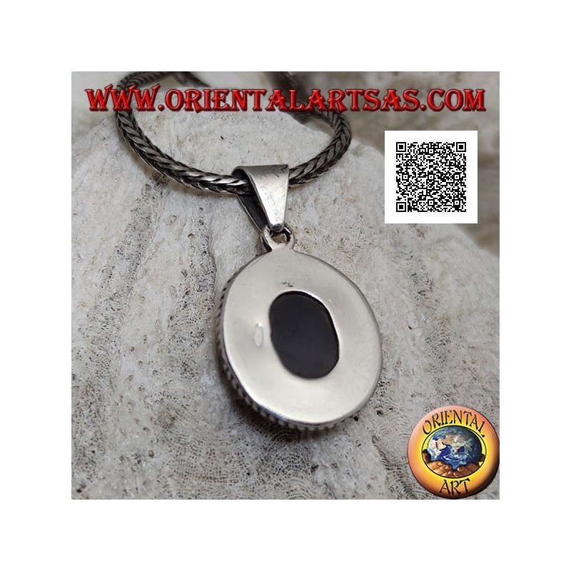 Pendentif en argent avec cabochon ovale quartz tourmaliné entouré de tissage